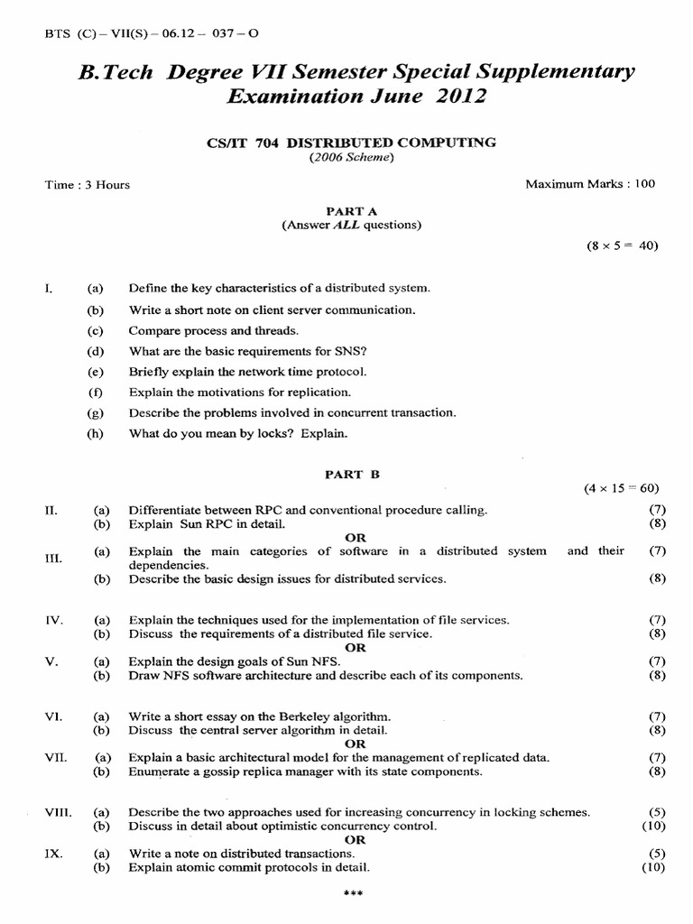 B.Tech VII Sem Exam: Distributed Computing | PDF | Distributed ...