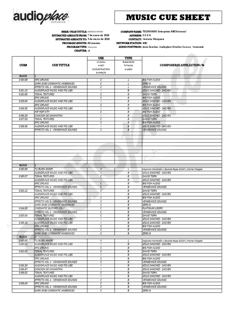 Ejemplo de Music Cue Sheet PDF