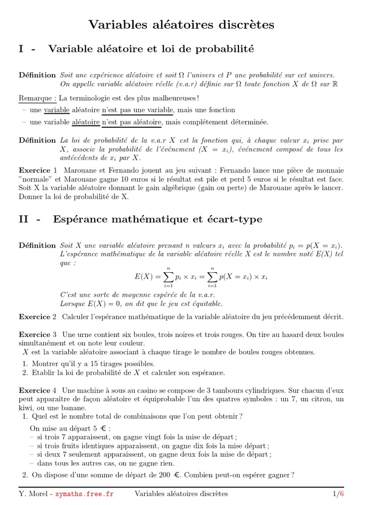 Espérance et Variables Aléatoires Discrètes | PDF | Probabilité ...