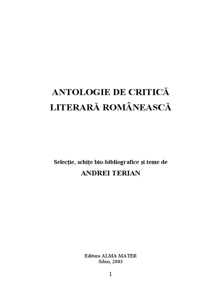 Antologie De Critică Literară Romanească Terian Andrei Pdf