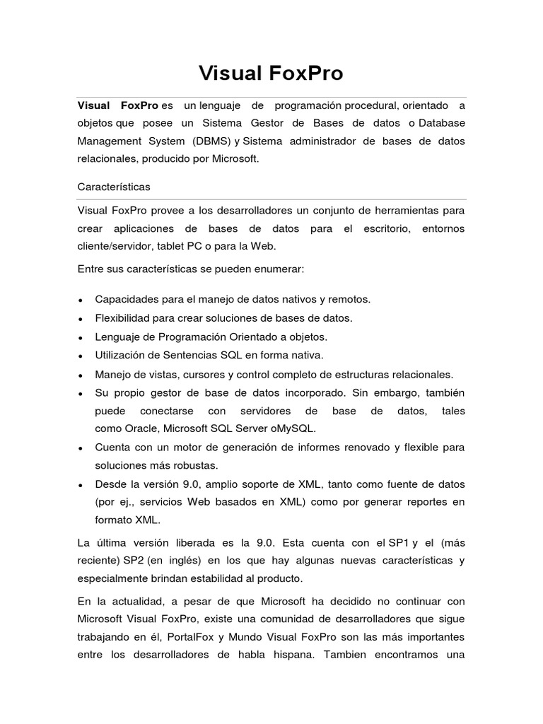 Historia y Características de Visual FoxPro | PDF | Microsoft | Software