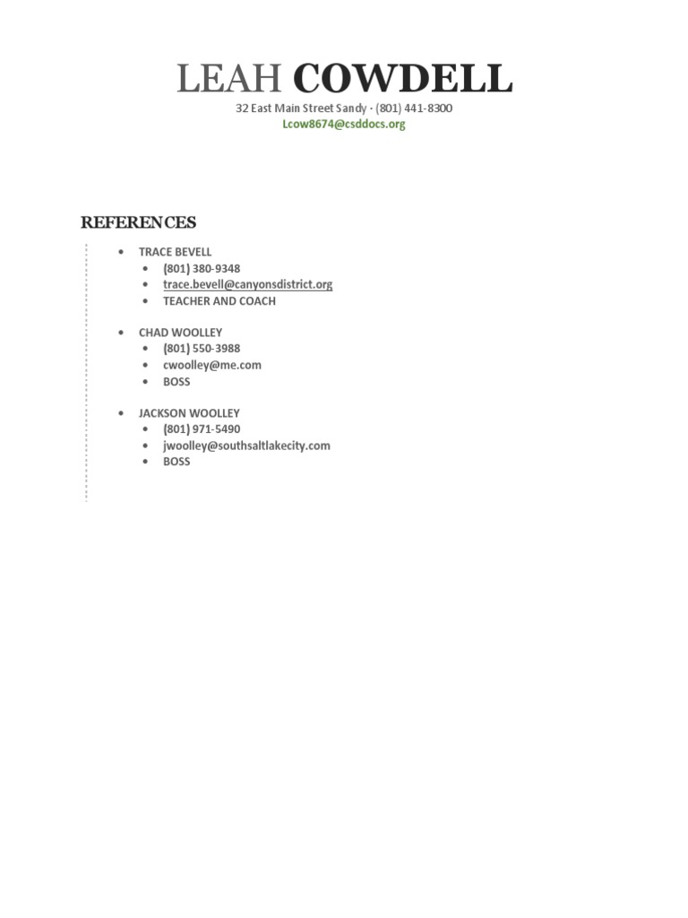 Leah Cowdell's Professional References | PDF