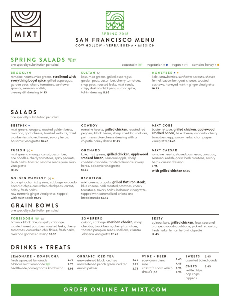Mixt San Francisco Menu & Prices | PDF | Salad | Edible Plants