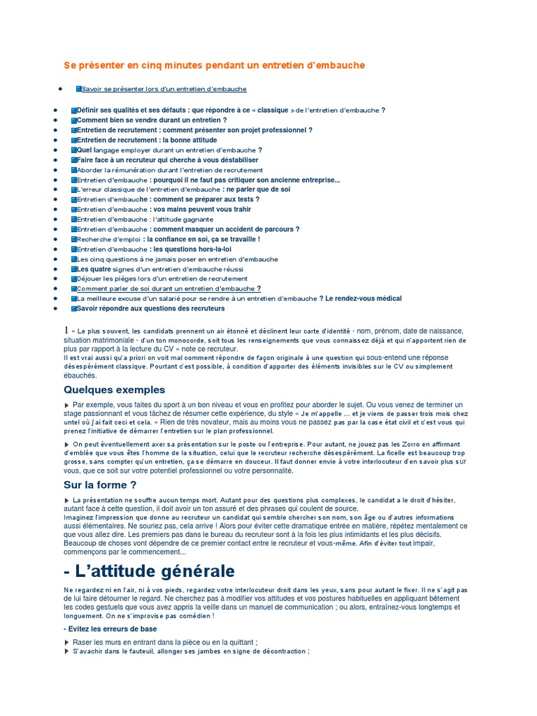 Se Présenter en Cinq Minutes Pendant Un Entretien D | PDF | Entretien d ...