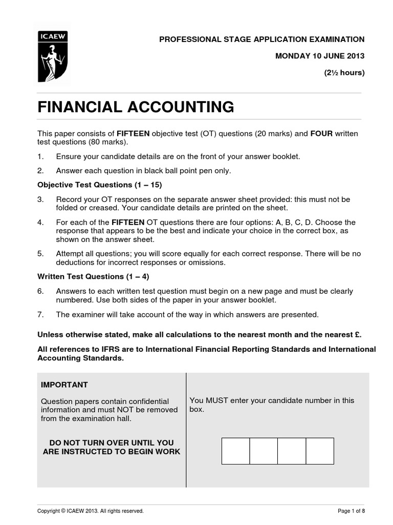 Financial Accounting June 2013 Exam Paper ICAEW Depreciation Goodwill (Accounting)