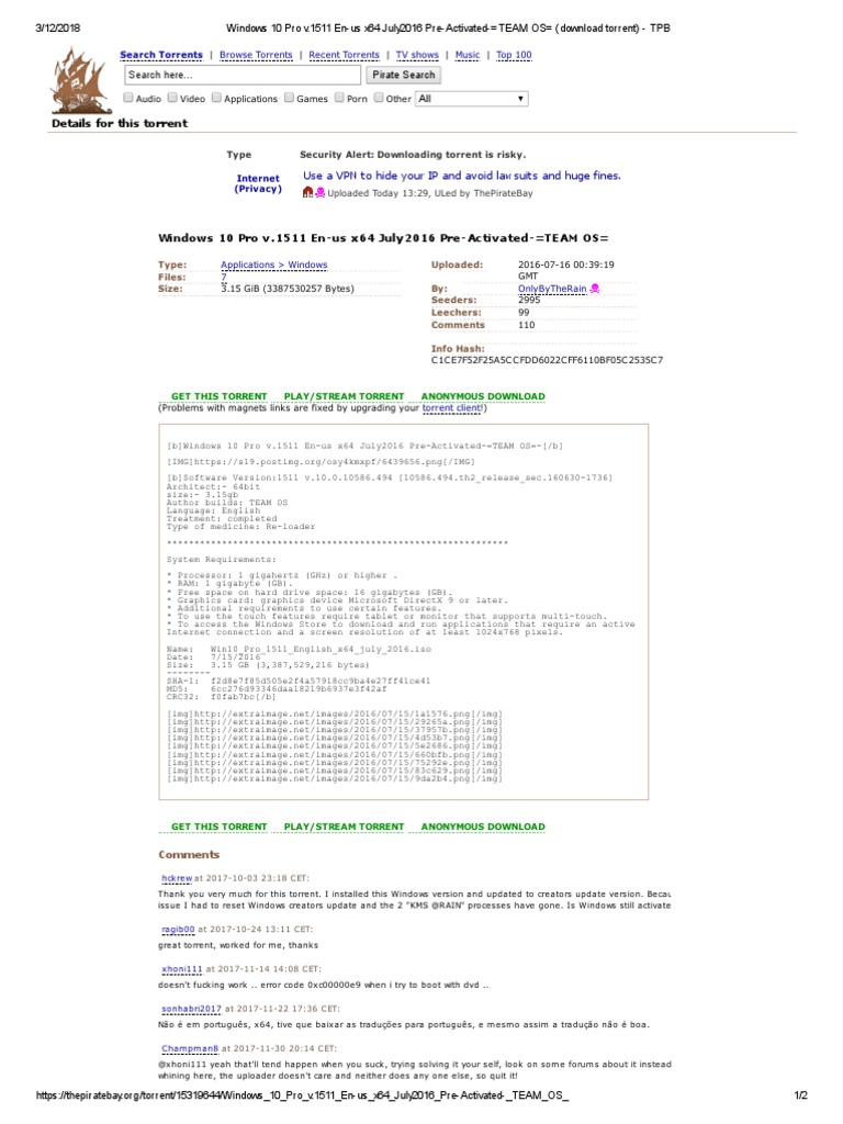 ua.postimg.org Windows 10 Pro v.1511 En-Us x64 July2016 Pre-Activated - TEAM OS (Download  Torrent) - TPB | PDF | Microsoft Windows | Windows 10