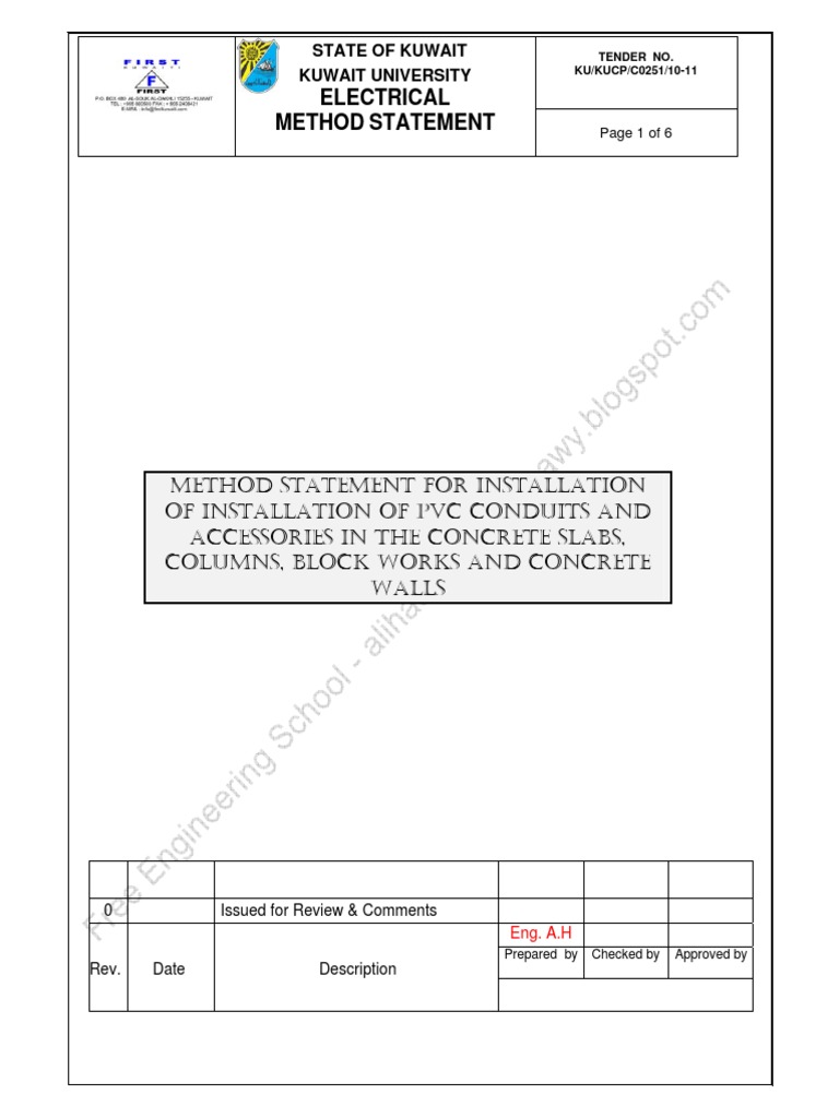 METHOD STATEMENT FOR INSTALLATION of PVC Conduits and Accessories in