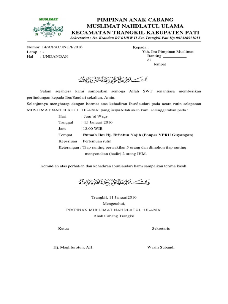 660+ Contoh Surat Undangan Rapat Fatayat Nu Gratis Terbaru