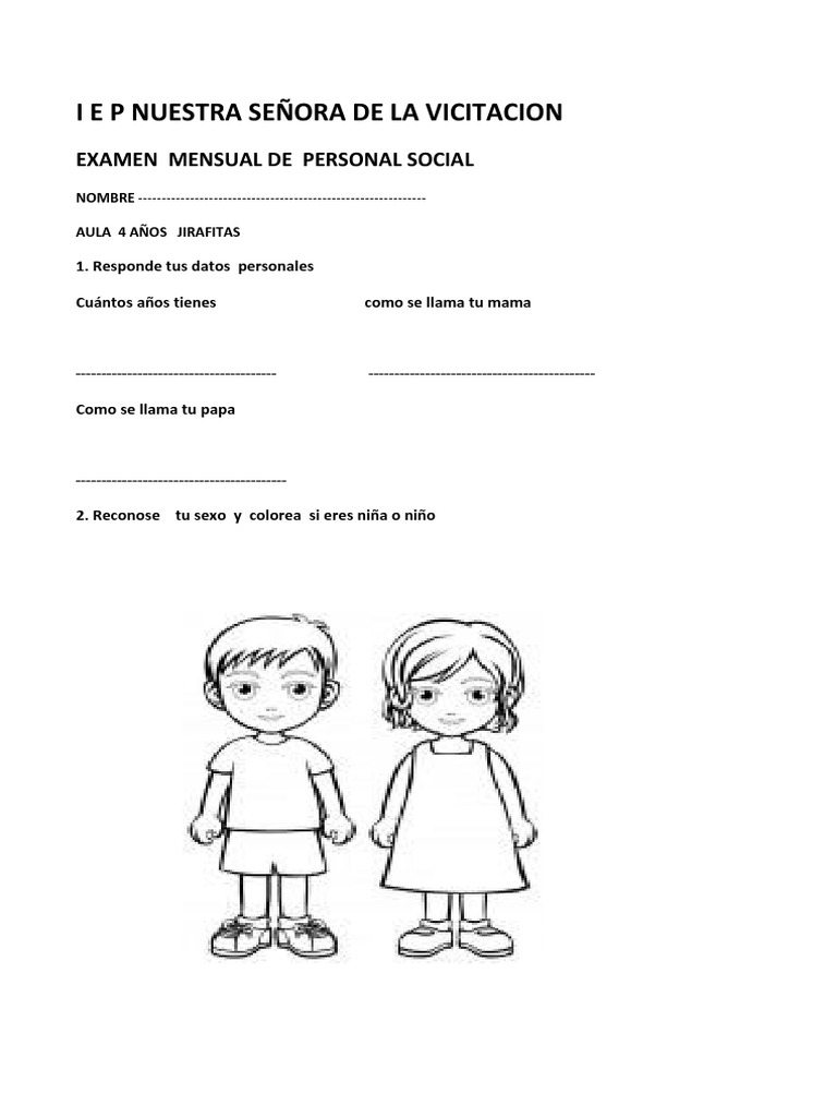 Examen Mensual de Personal Social 4 Años | PDF