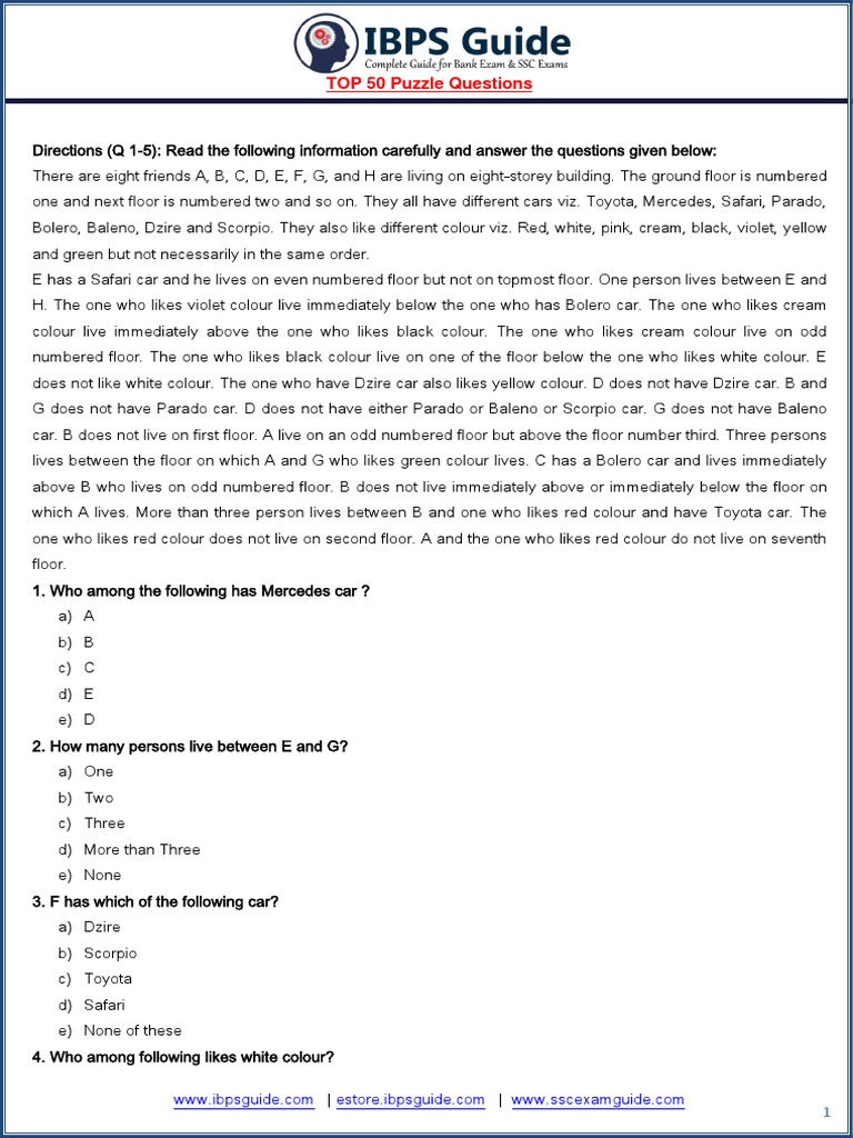 Top 50 Puzzle Questions and Answers | PDF | Green | Blue