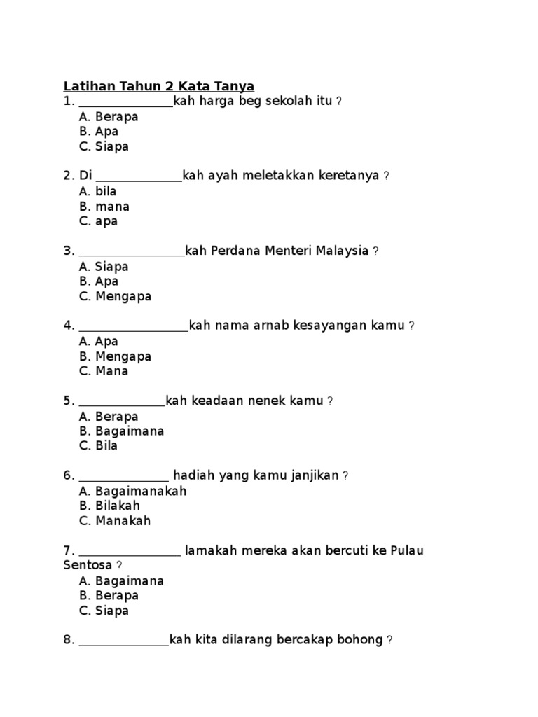 Latihan Tahun 2 Kata Tanya Pdf