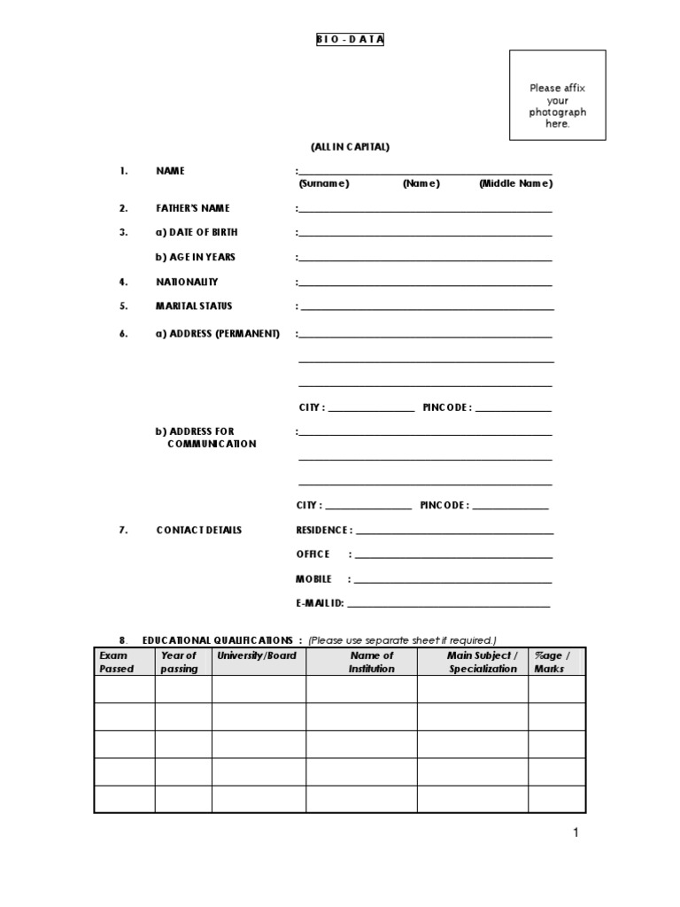 Biodata Format Ms Word Careers Bio Data Format