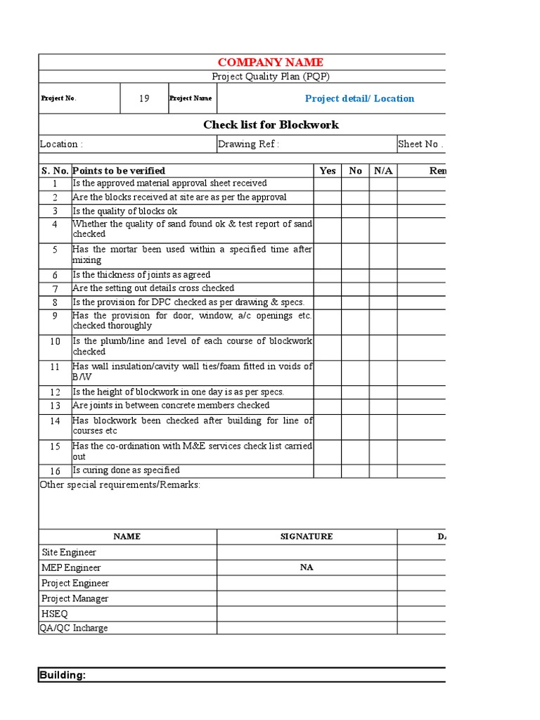 Check List For Blockwork PDF