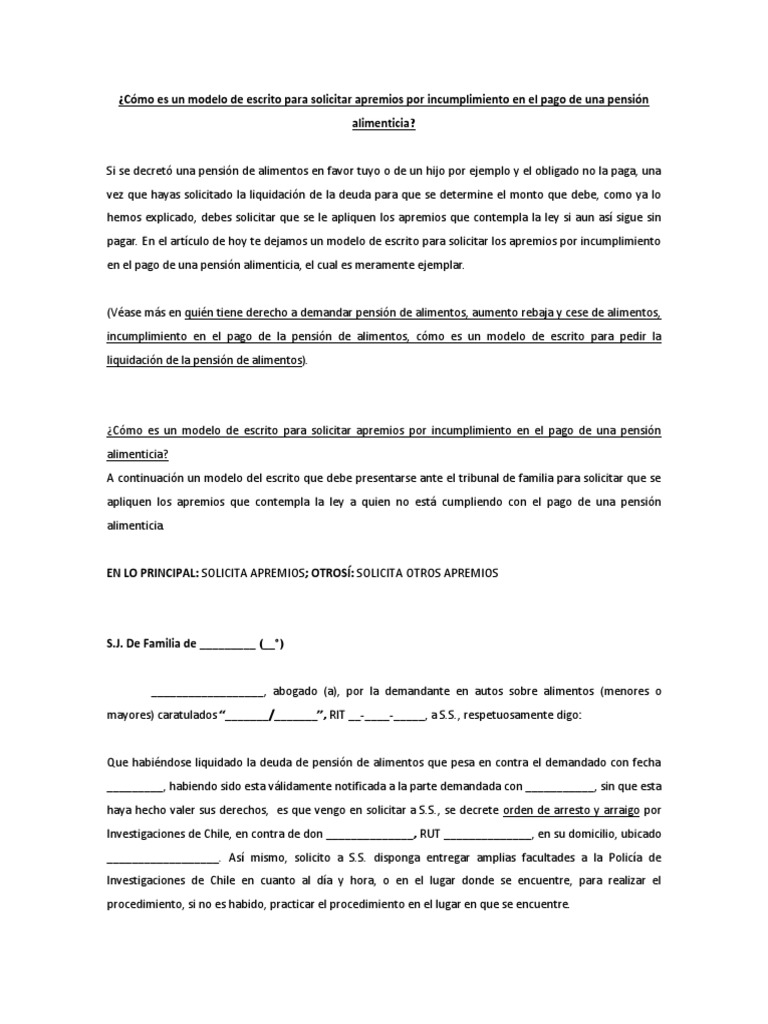 Cómo es un modelo de escrito para solicitar apremios por incumplimiento