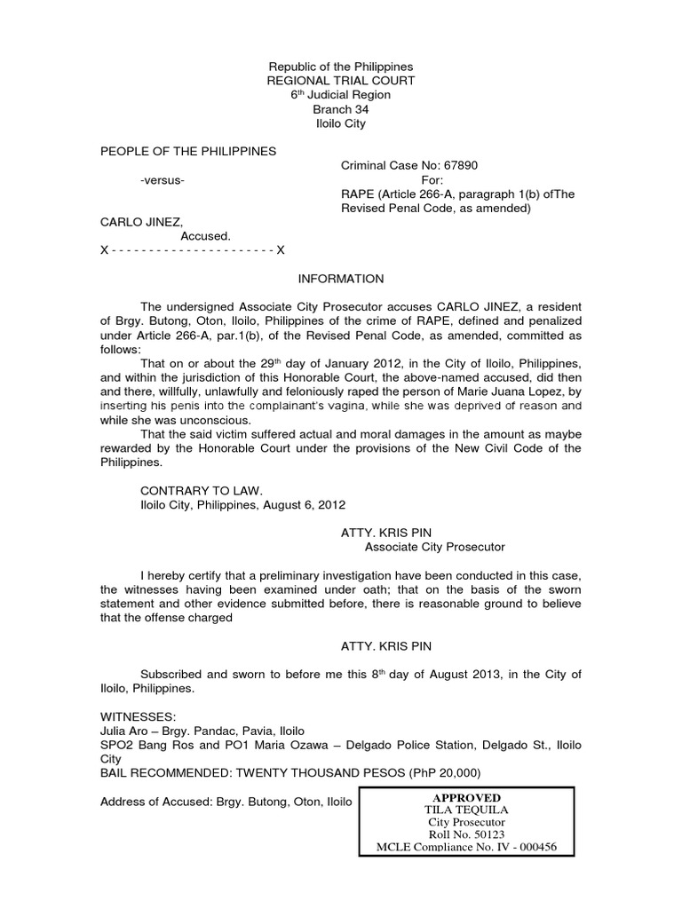 Sample For Information Case Regarding Rape | PDF | Prosecutor | Rape