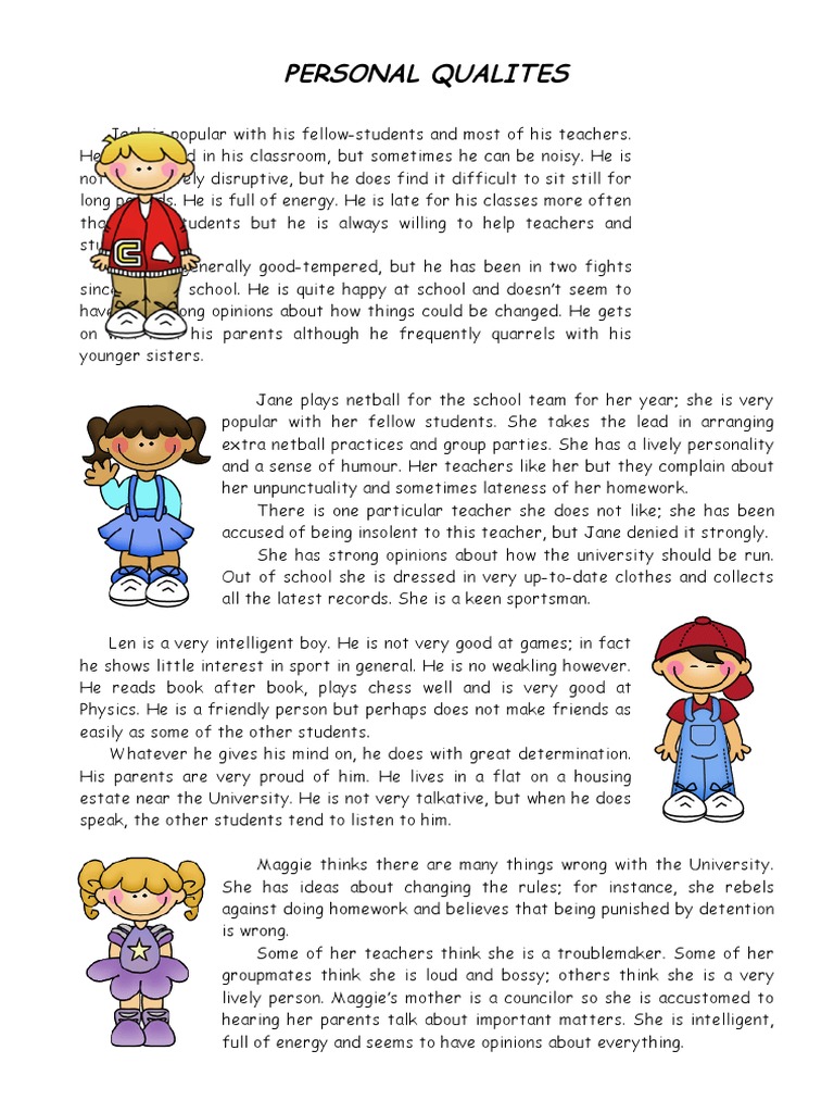 Personal Qualities Reading Comprehension Exercises PDF Teachers