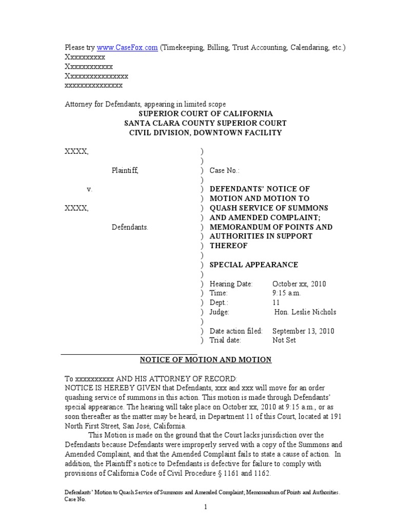 Motion To Quash Notice and Memorandum PDF Service Of Process Eviction