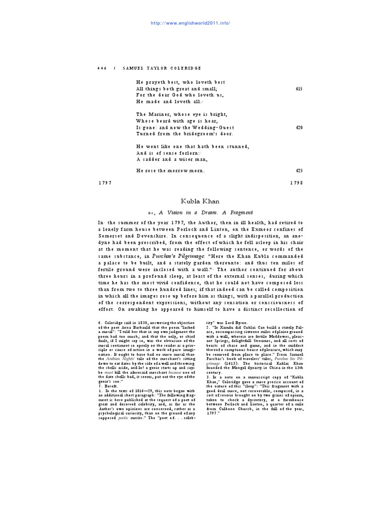 Coleridge Kubla Khan PDF Poetry