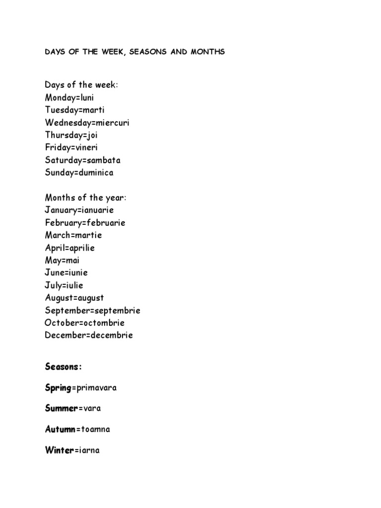 Romanian Days and Seasons Guide | PDF
