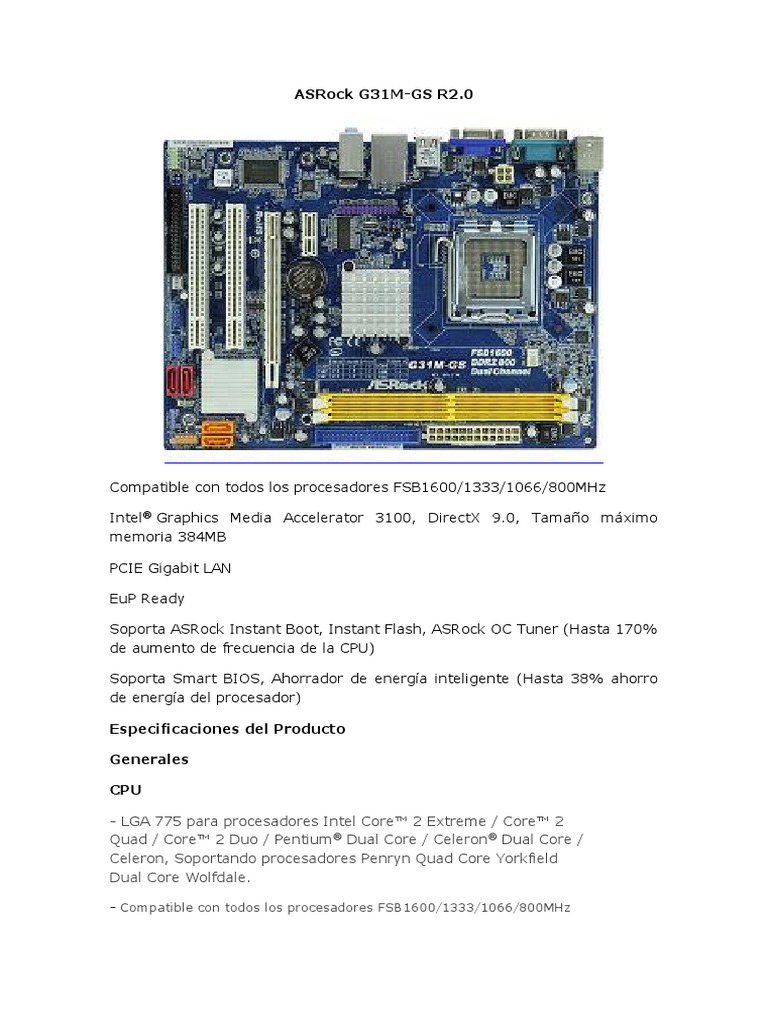 Placa Base ASRock G31M-GS R2.0 (LGA 775) - MicroATX, Nuevo De Stock, Verificada, Con Puertos Serie Y Paralelo