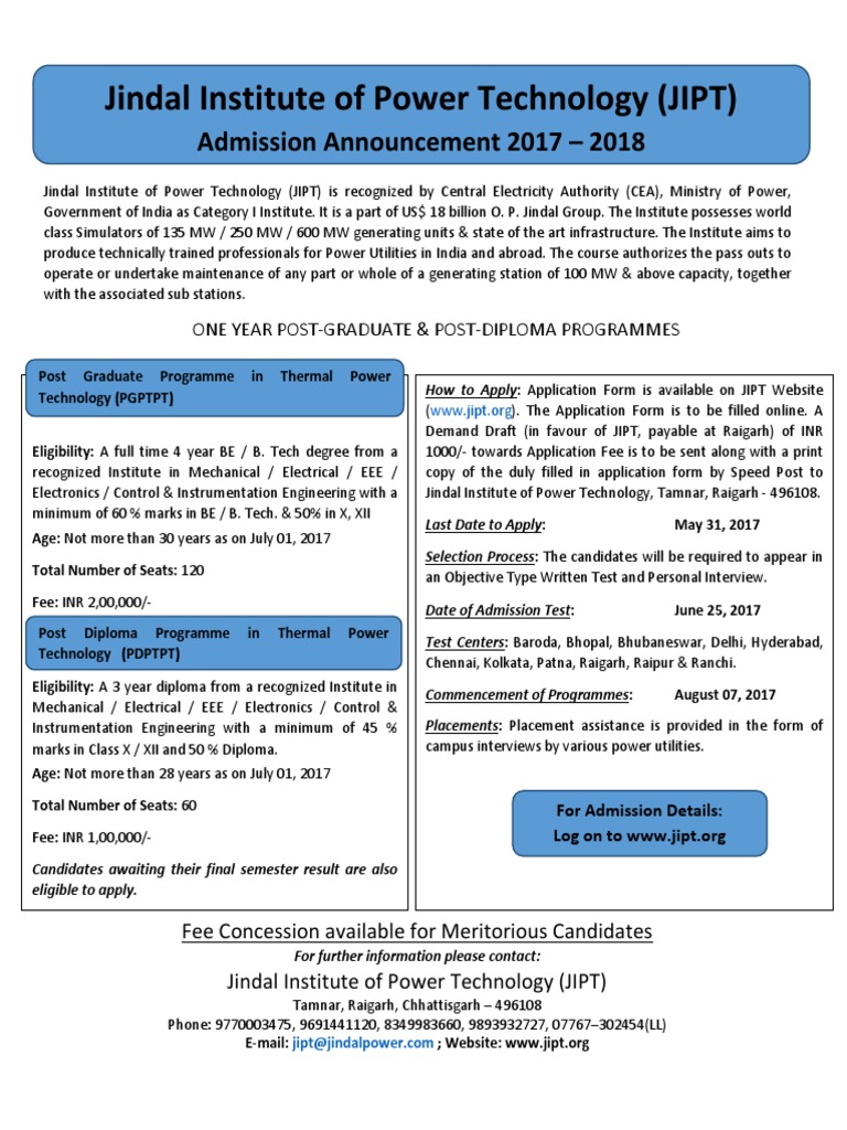 Jindal Institute of Power Technology (JIPT) Admission Announcement