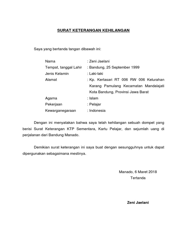 Surat Keterangan Kehilangan