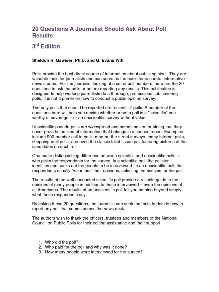 20 Questions A Journalist Should Ask About A Poll | PDF | Opinion Poll ...