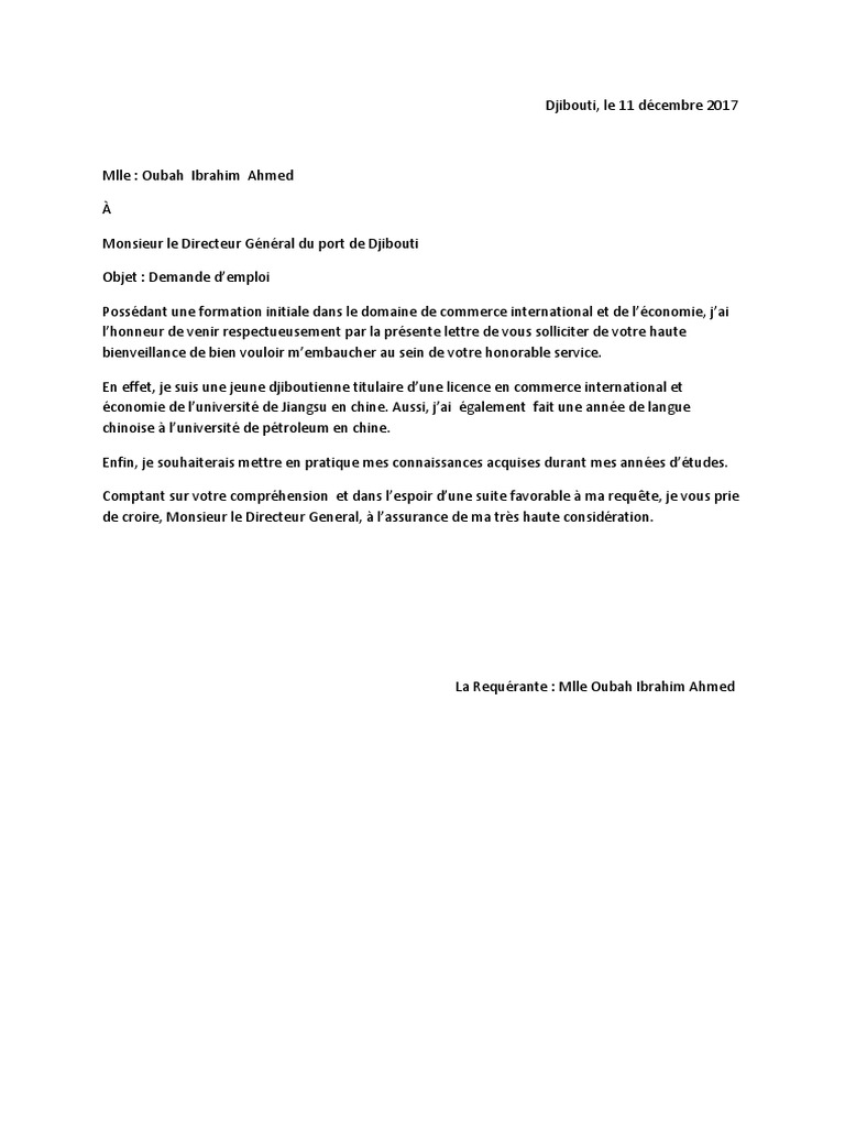 Lettre De Demande D Emploi Pdf