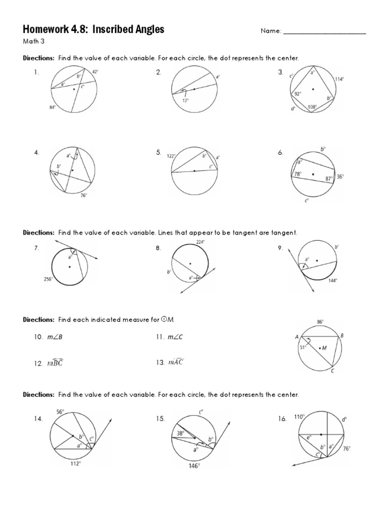 Central and inscribed angles worksheet pdf image