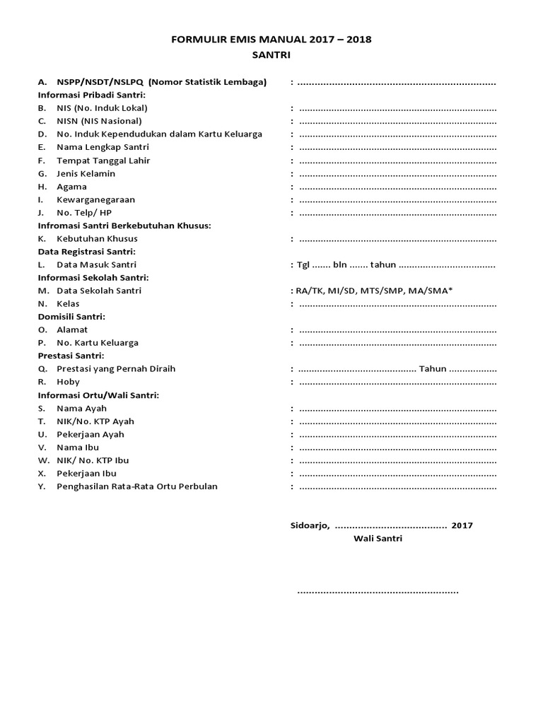 Formulir Emis Manual 2017 Santri Pdf
