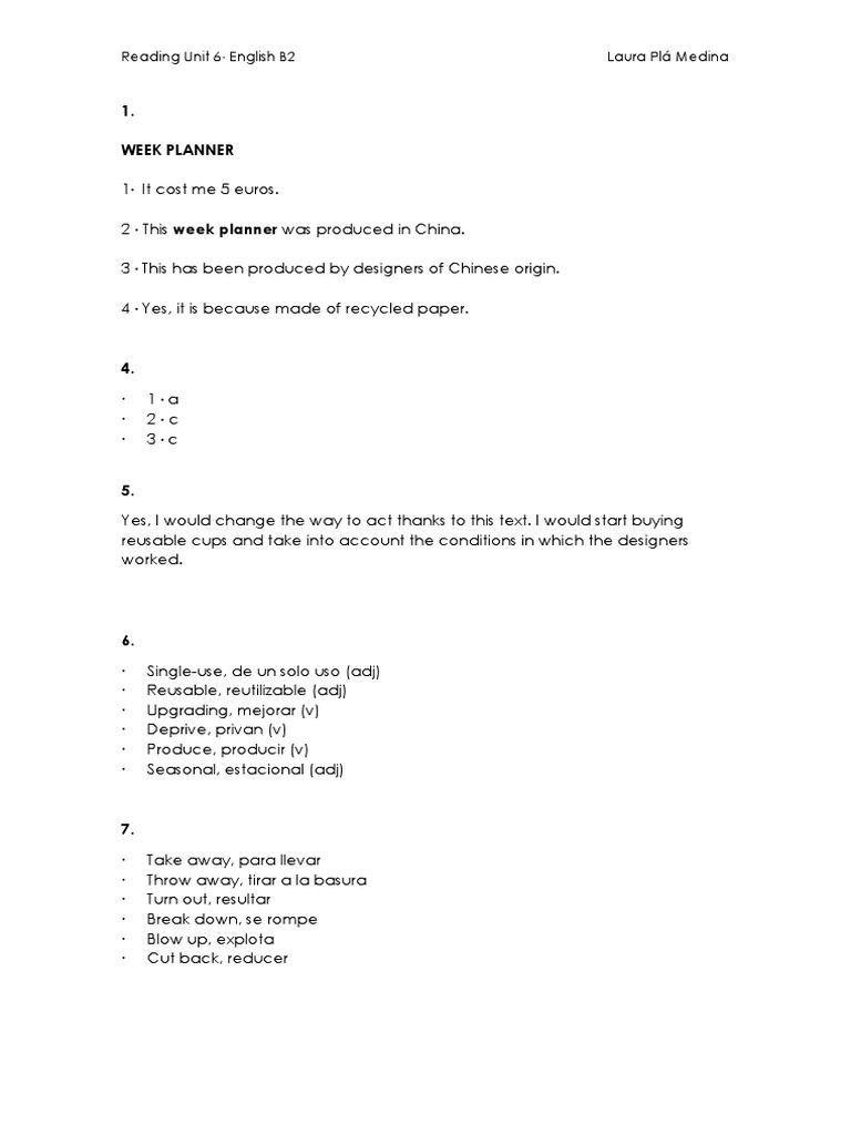 Week Planner: Reading Unit 6 English B2 Laura Plá Medina | PDF