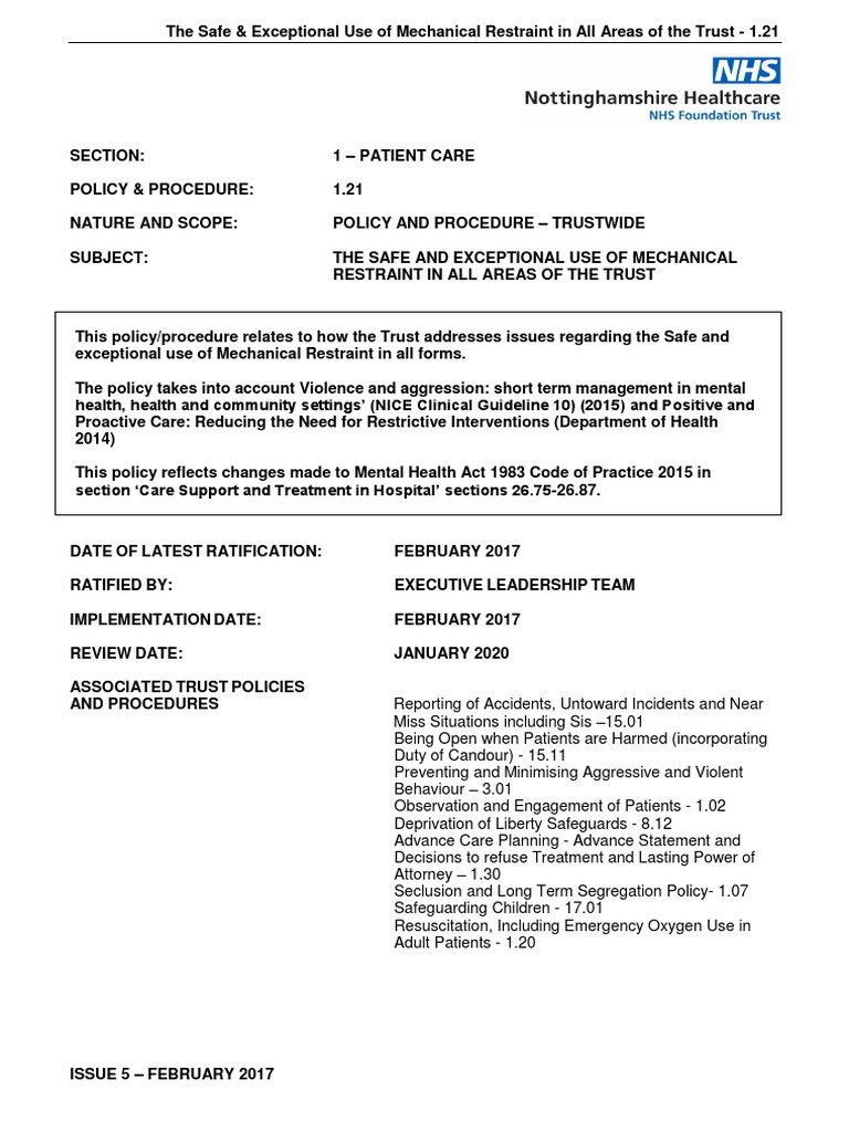 Mechanical Restraint Procedures PDF Violence National Health Service