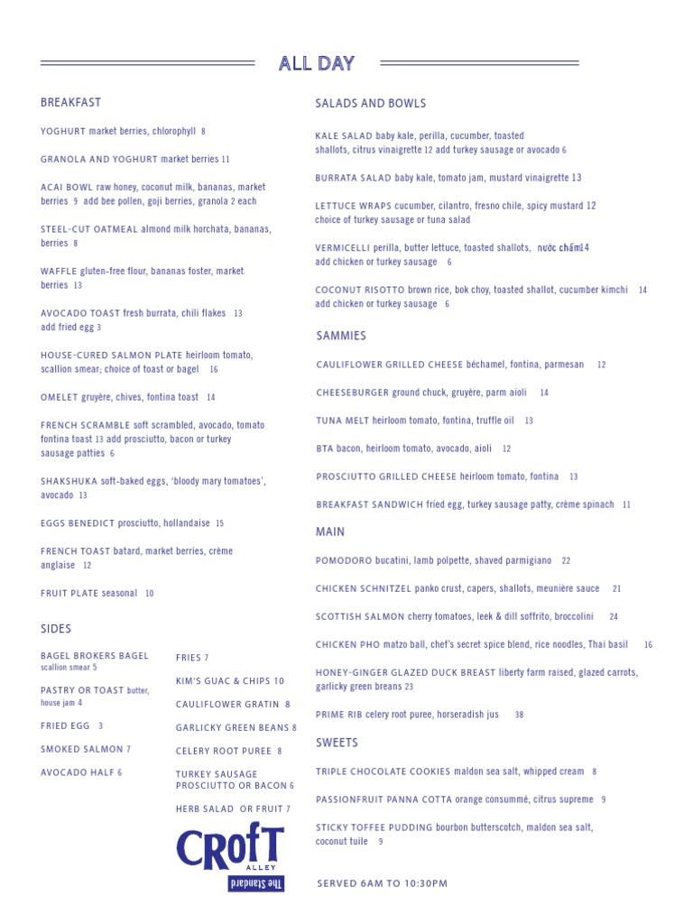 Croft Alley at The Standard - Opening Menu | PDF