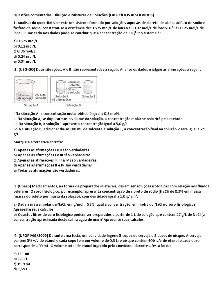 Exercícios Resolvidos de Diluição de Soluções | PDF | Solução ...