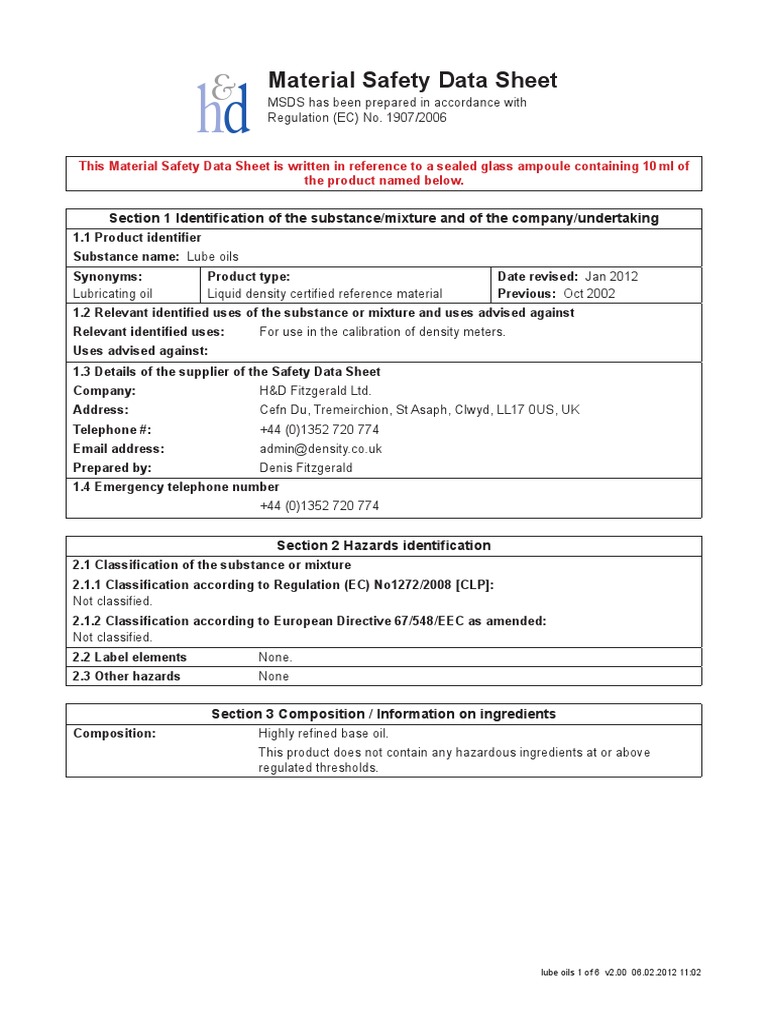 MSDS Lube Oils 2012 PDF Personal Protective Equipment Toxicity