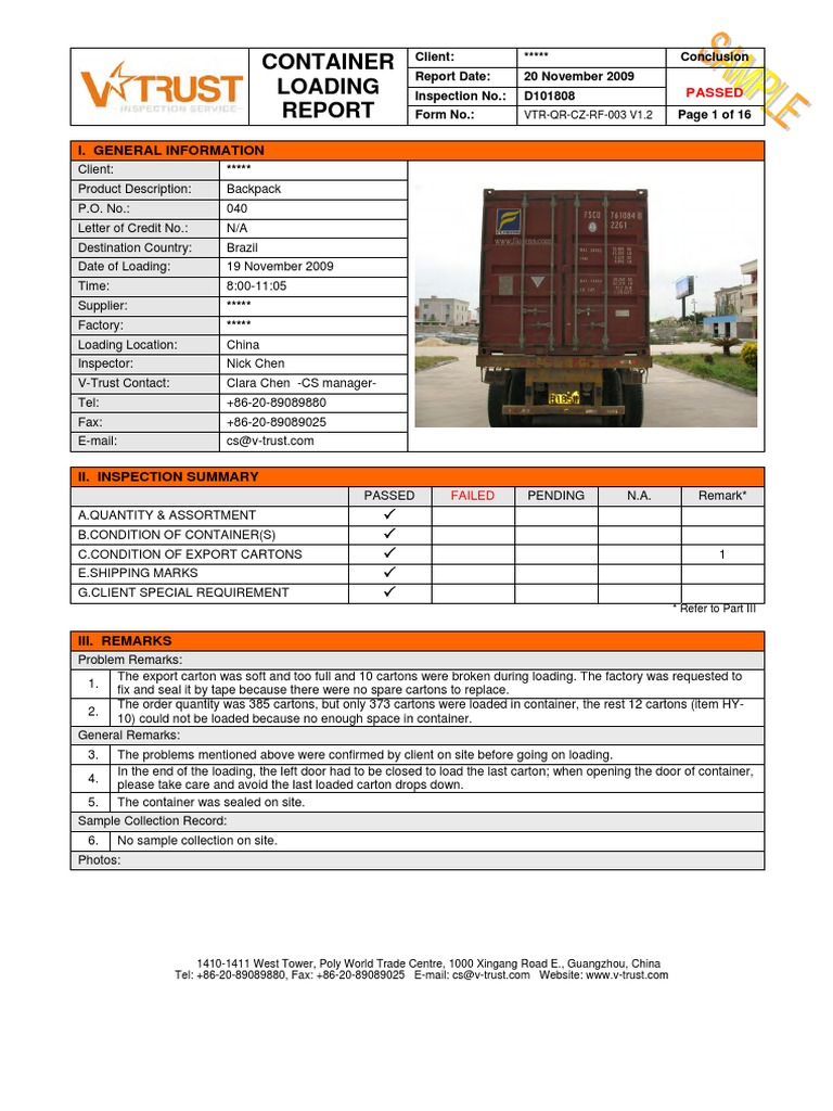 Sample Report Container Loading Supervision Warehouse Cargo