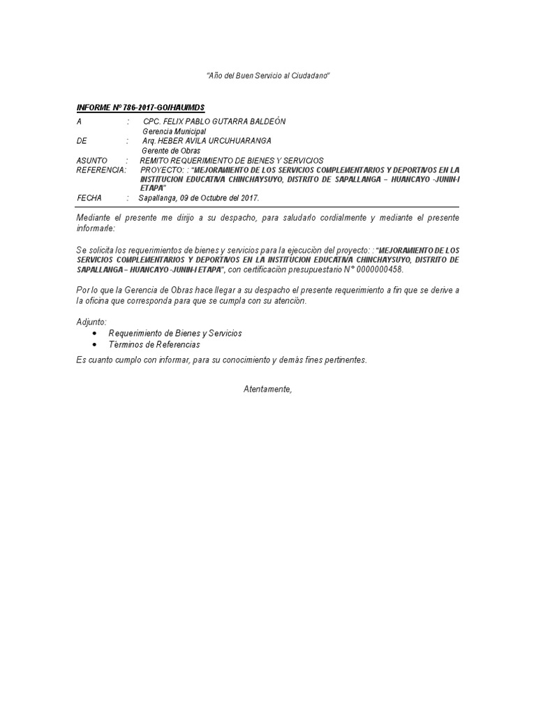 Informe de Requerimiento de Bienes y Servicios