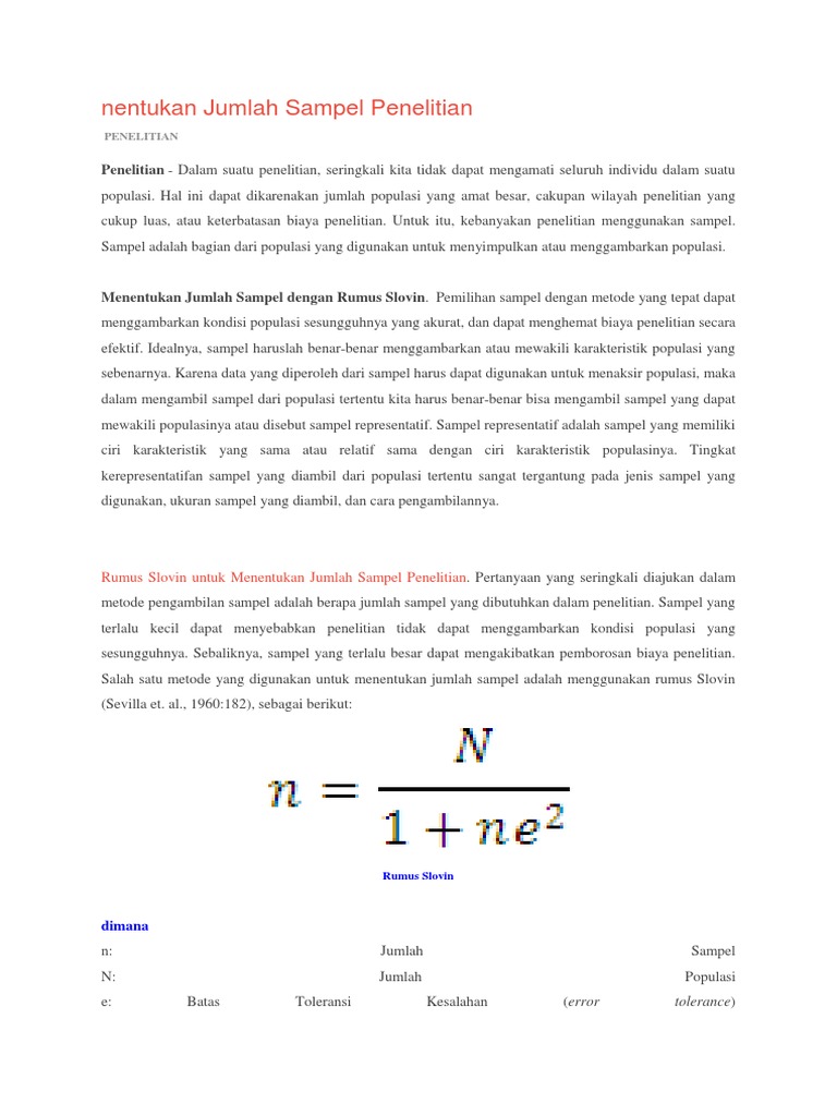 Menghitung Ukuran Sampel Menggunakan Rumus Slovin | PDF