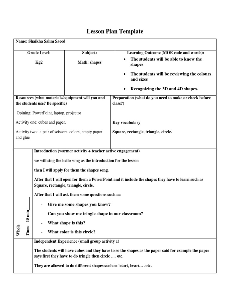 Lesson Plan Template: Shapes | Download Free PDF | Shape | Lesson Plan