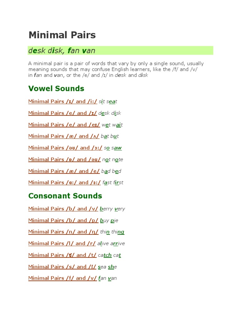 Minimal Pairs Examples | PDF