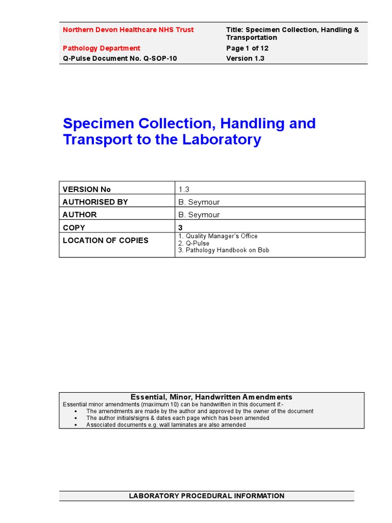 Specimen Collection Handling Transportation PDF Patient Pathology