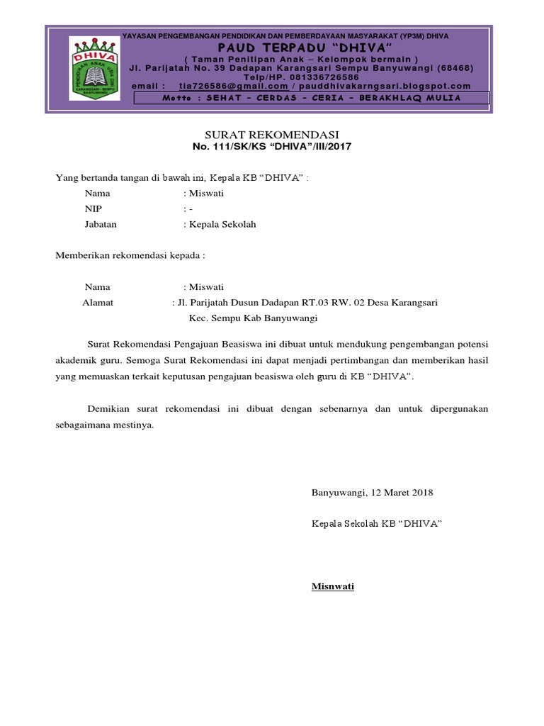 Surat Rekomendasi Kepala Sekolah