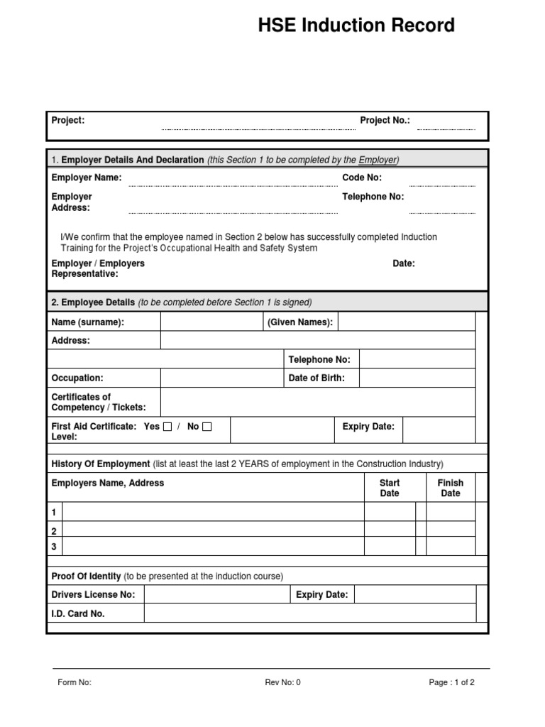 HSE Induction Record Identity Document Occupational Safety And Health