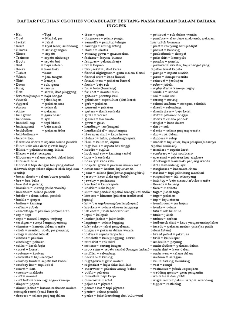 Daftar Puluhan Clothes Vocabulary Tentang Nama Pakaian Dalam Bahasa