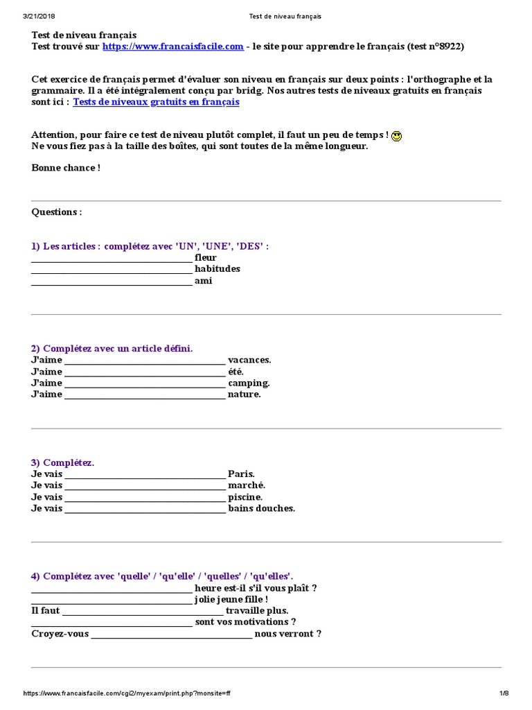 Exercice Cm2 Quels Quel Quelles Qu elle Pdf Test de Niveau Français | PDF | Nombre grammatical | Sujet (Grammaire)