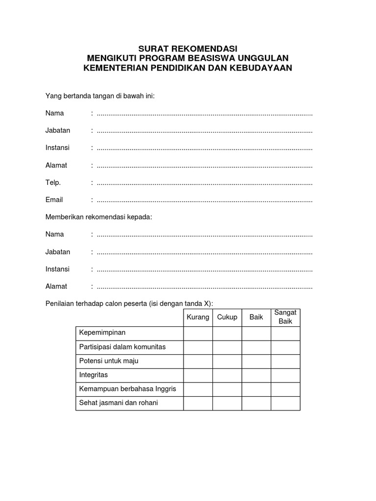 Contoh Surat Rekomendasi Beasiswa | PDF