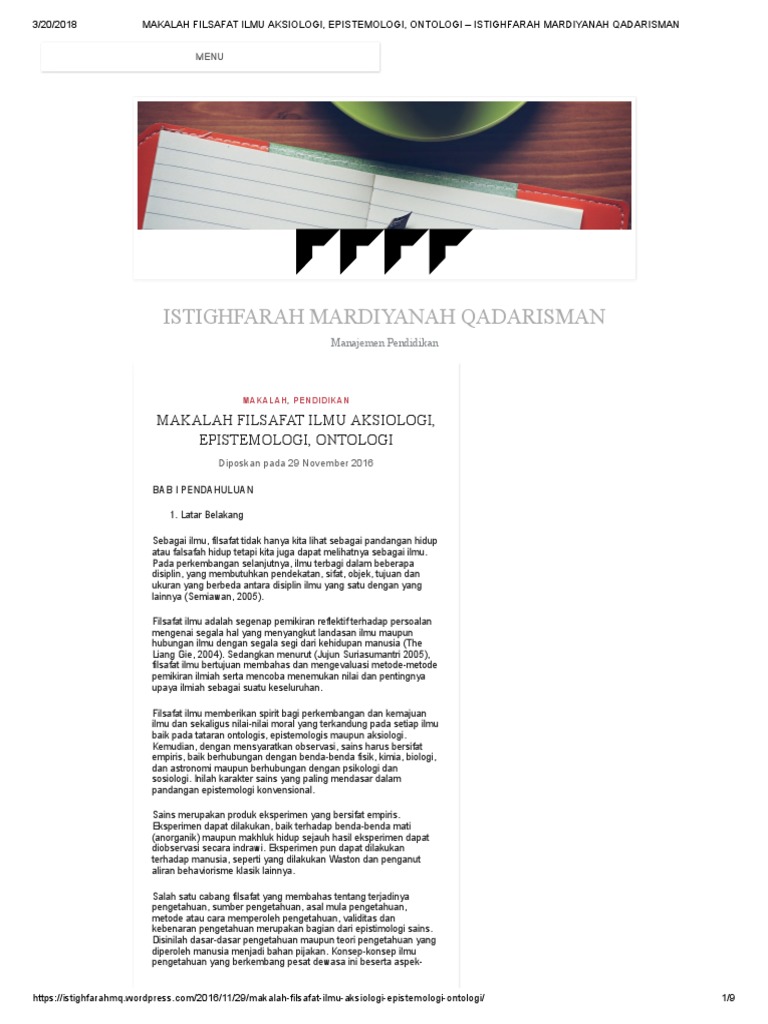 Makalah Filsafat Ilmu Aksiologi Epistemologi Ontologi Istighfarah Mardiyanah Qadarisman Pdf