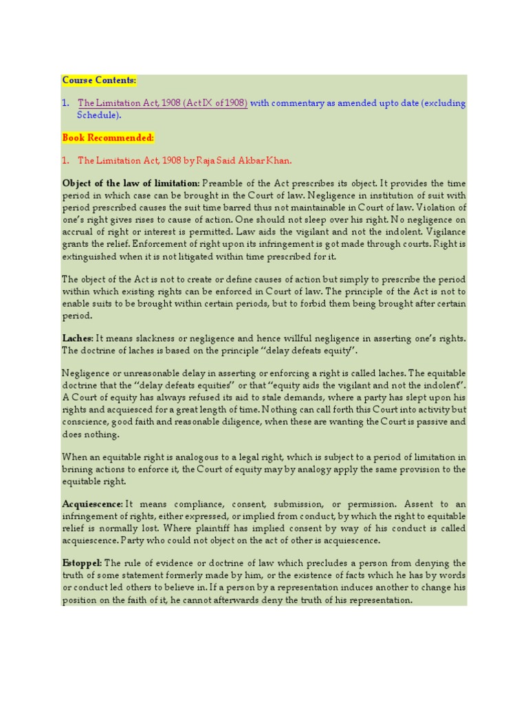Limitation Notes N.L.S PDF Estoppel Laches (Equity)