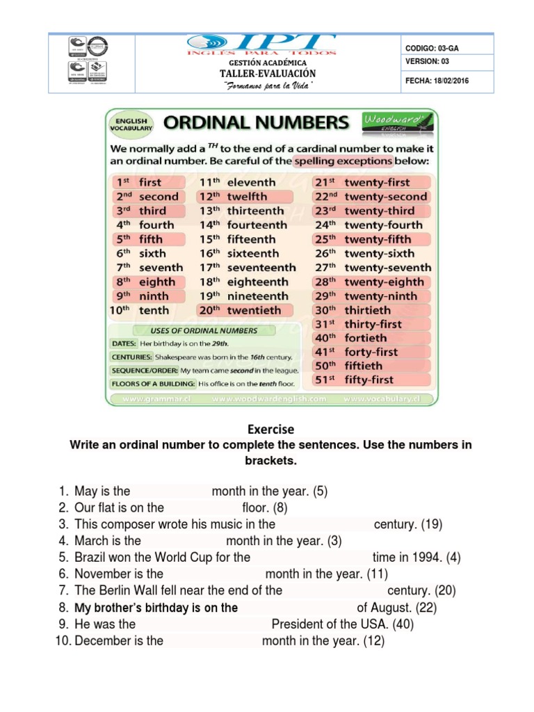 Exercises on Ordinal Numbers | PDF | Onomastics | Grammar