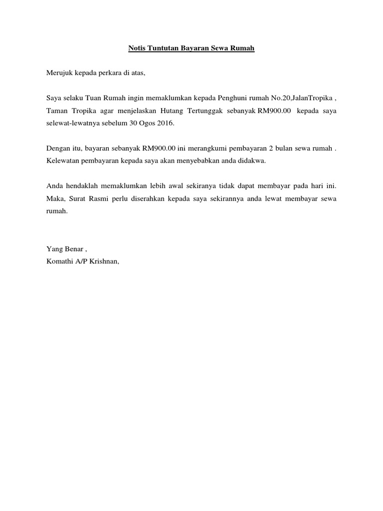 Notis Tuntutan Bayaran Sewa Rumah Dan Bil Semasa
